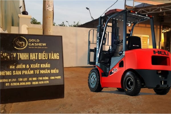 xe nâng heli tại nhà máy sản xuất hạt điều vàng